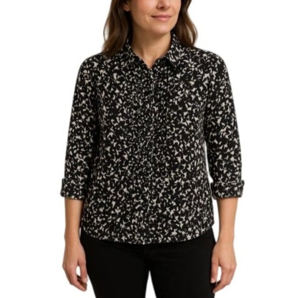 New York & Co Size XL Stretch Black & White Floral Button-Up Shirt Blouse